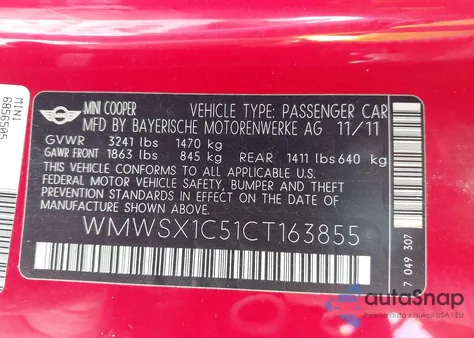 2012 Mini Cooper from USA, damaged, VIN WMWSX1C51CT163855